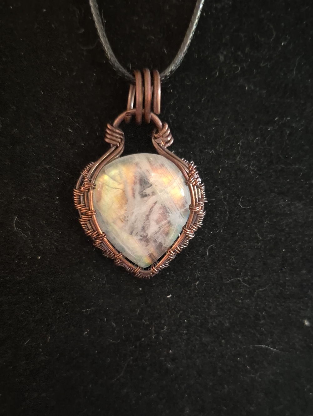 Sapphireskies Copper Rainbow Moonstone Wire Woven Pendant
